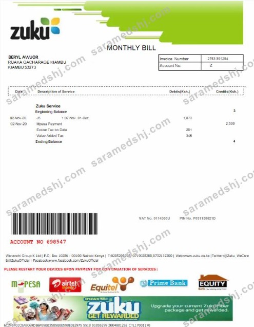 KENYA ZUKU utility bill Word and PDF template